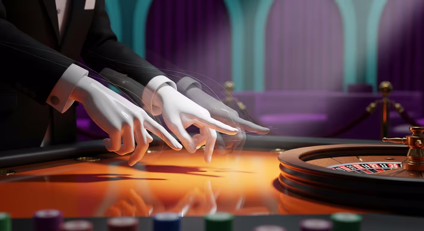 Erfahrener Casino-Dealer am Blackjack-Tisch mit ruhigem professionellem Ausdruck und Karten in der Hand